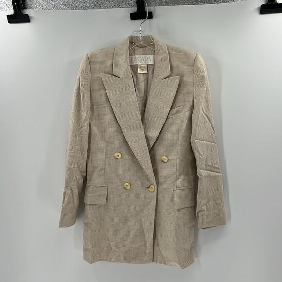 Escada Women's Silk/Cashmere Plaid Double Breasted Blazer - Cream/Tan - 34 - Picture 2 of 7